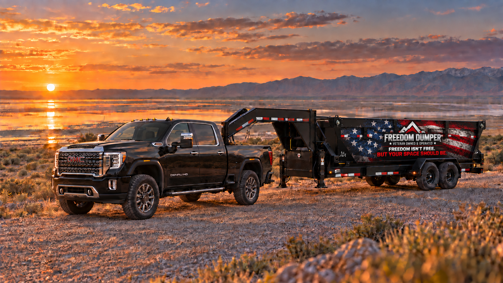 Black GMC Sierra towing a full-size Freedom Dumper roll-off bin with the flag and slogan wrap at sunset in Utah