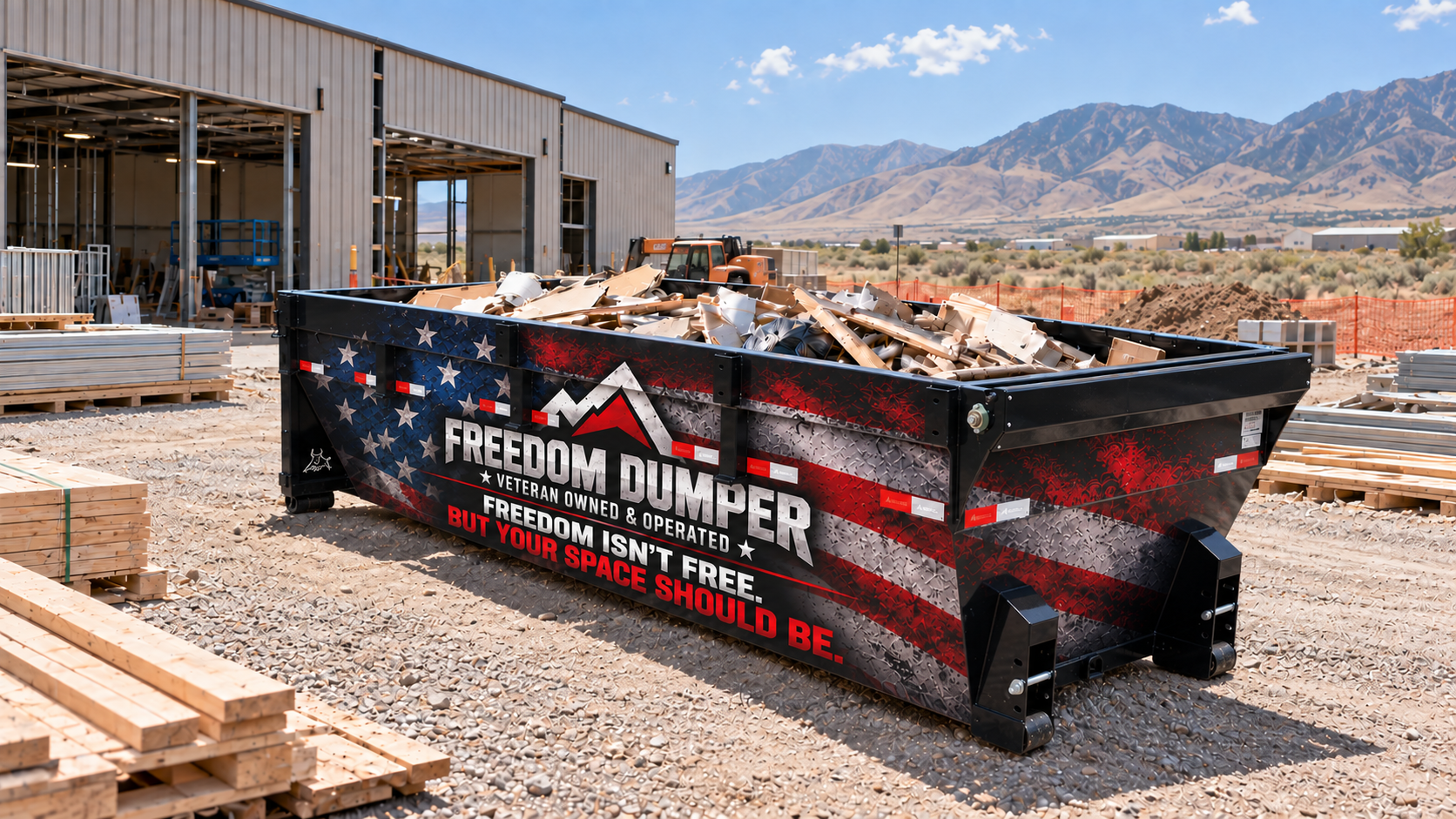 Long, low-profile Freedom Dumper roll-off bin at a commercial construction site near Utah's dry foothills