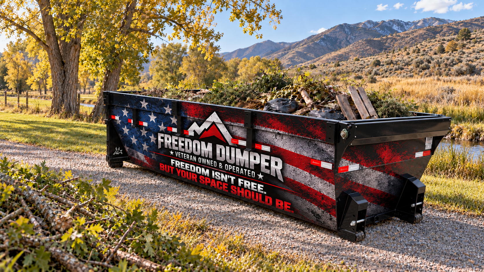 Long, low-profile Freedom Dumper roll-off bin loaded with brush at a Utah cottonwood property cleanup